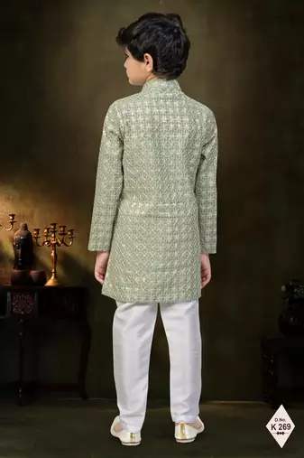 Green dupion silk embroidered indo western set for boys