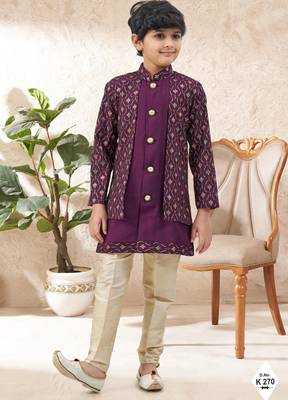 Maroon dupion silk embroidered indo western set for boys 1