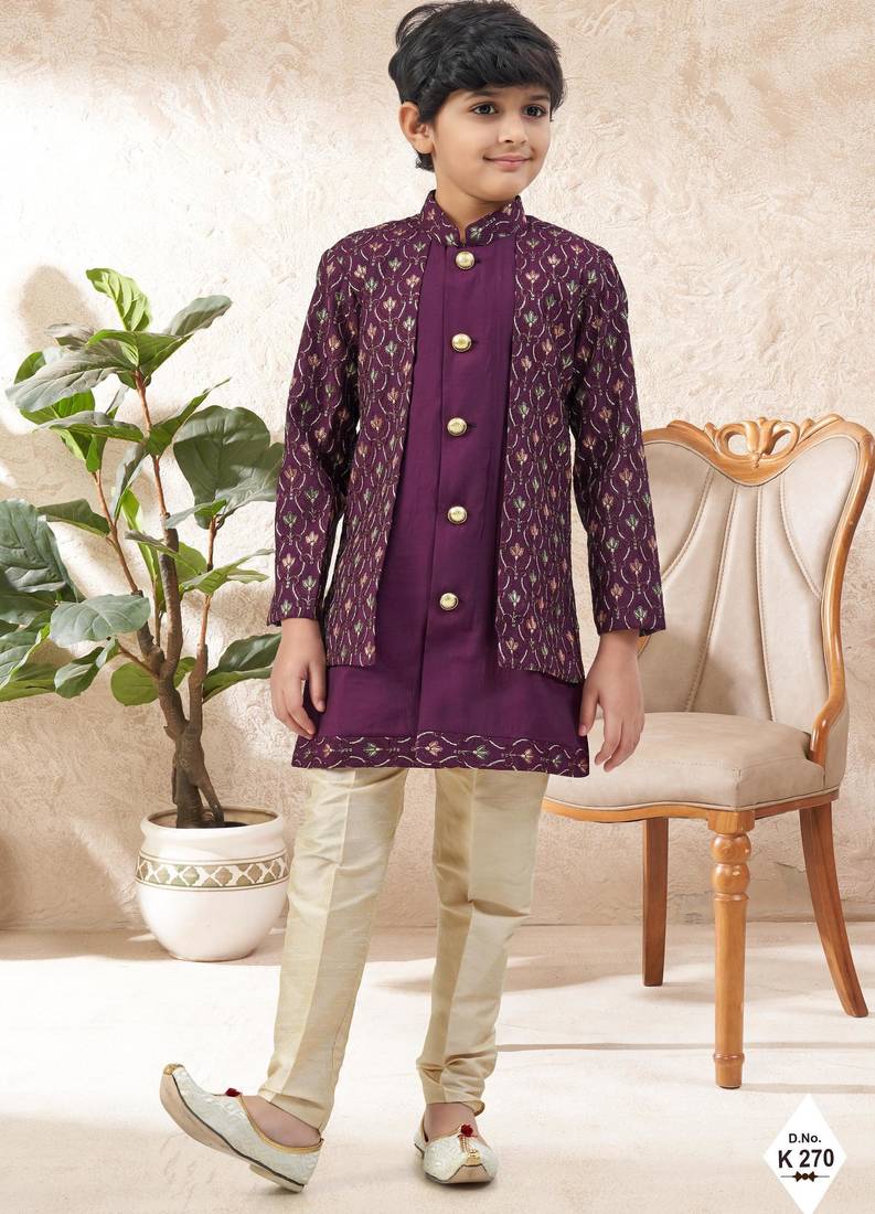 Maroon dupion silk embroidered indo western set for boys