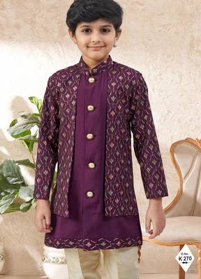 Maroon dupion silk embroidered indo western set for boys 2