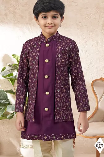 Maroon dupion silk embroidered indo western set for boys