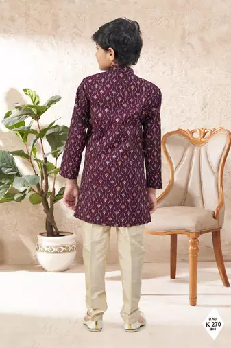 Maroon dupion silk embroidered indo western set for boys