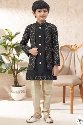 Black dupion silk embroidered indo western set for boys