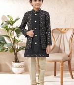 Black dupion silk embroidered indo western set for boys