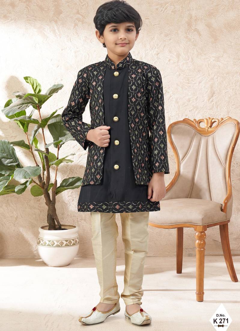 Black dupion silk embroidered indo western set for boys