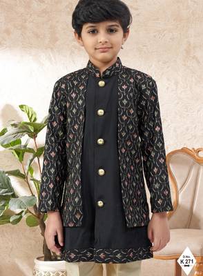Black dupion silk embroidered indo western set for boys 2