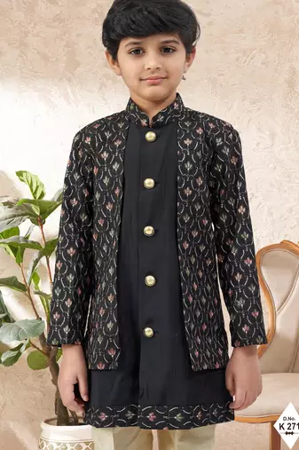 Black dupion silk embroidered indo western set for boys