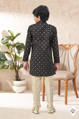 Black dupion silk embroidered indo western set for boys