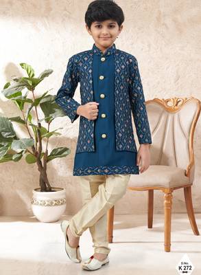 Blue dupion silk embroidered indo western set for boys 1