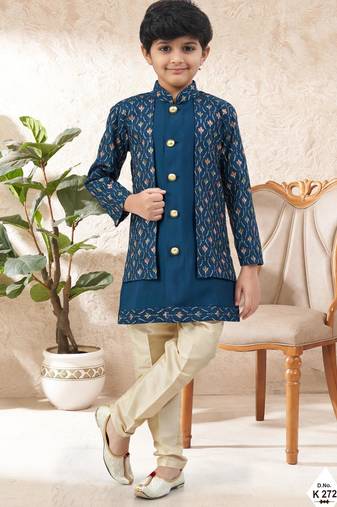 Blue dupion silk embroidered indo western set for boys