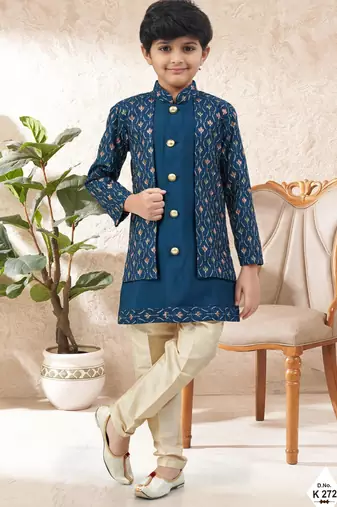 Blue dupion silk embroidered indo western set for boys