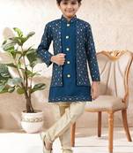 Blue dupion silk embroidered indo western set for boys