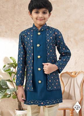Blue dupion silk embroidered indo western set for boys 2
