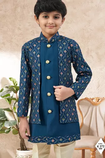 Blue dupion silk embroidered indo western set for boys