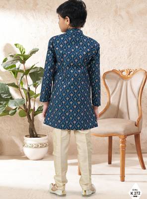 Blue dupion silk embroidered indo western set for boys 3