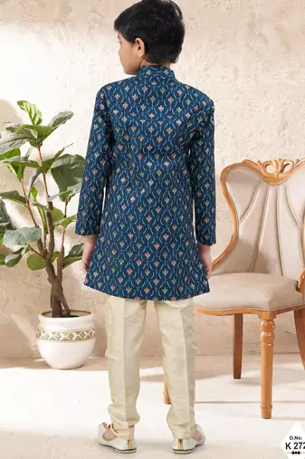 Blue dupion silk embroidered indo western set for boys