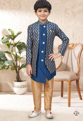 Blue dupion silk embroidered indo western set for boys 1