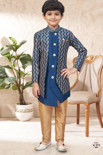 Blue dupion silk embroidered indo western set for boys