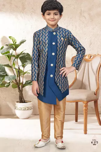 Blue dupion silk embroidered indo western set for boys