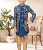 Blue dupion silk embroidered indo western set for boys