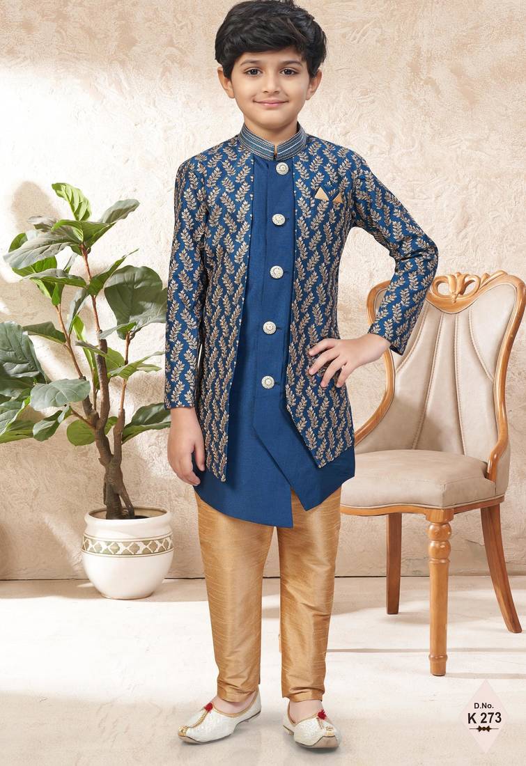 Blue dupion silk embroidered indo western set for boys