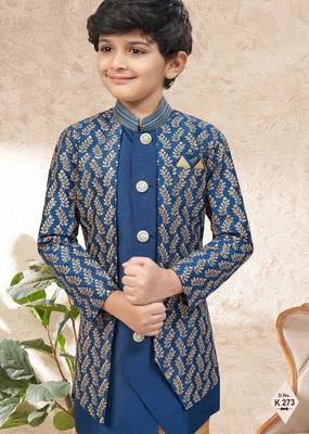 Blue dupion silk embroidered indo western set for boys 2