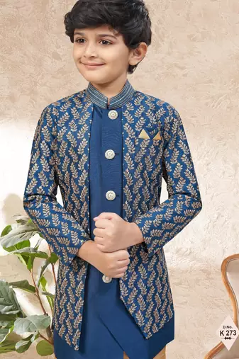 Blue dupion silk embroidered indo western set for boys