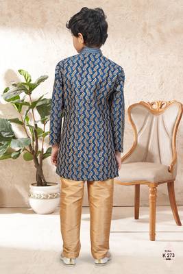 Blue dupion silk embroidered indo western set for boys 3