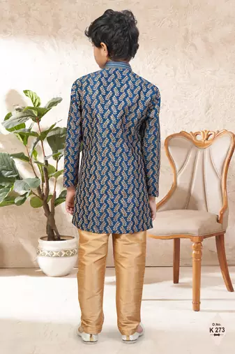 Blue dupion silk embroidered indo western set for boys