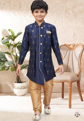 Blue dupion silk embroidered indo western set for boys 1