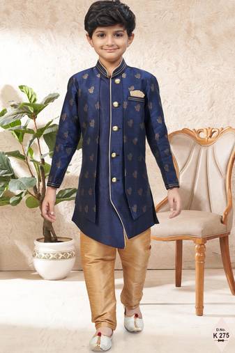 Blue dupion silk embroidered indo western set for boys
