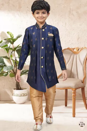 Blue dupion silk embroidered indo western set for boys