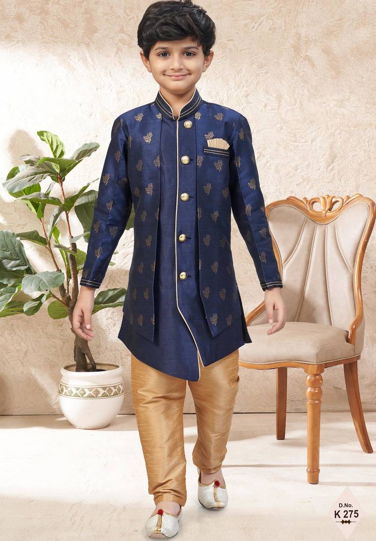 Blue dupion silk embroidered indo western set for boys
