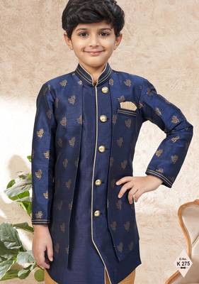 Blue dupion silk embroidered indo western set for boys 2