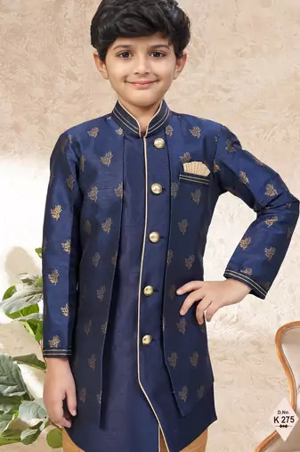 Blue dupion silk embroidered indo western set for boys