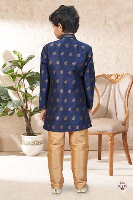 Blue dupion silk embroidered indo western set for boys 3