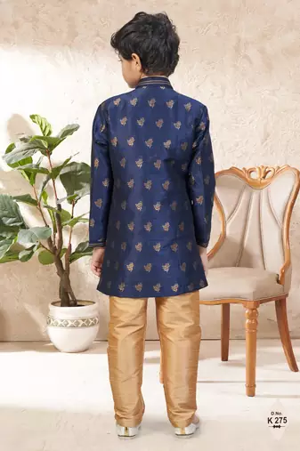 Blue dupion silk embroidered indo western set for boys