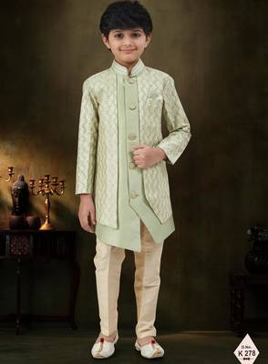 Green dupion silk embroidered indo western set for boys 1