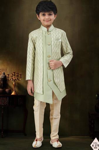 Green dupion silk embroidered indo western set for boys