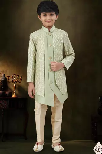 Green dupion silk embroidered indo western set for boys