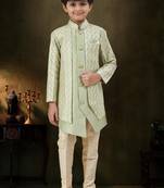 Green dupion silk embroidered indo western set for boys