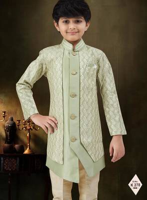 Green dupion silk embroidered indo western set for boys 2