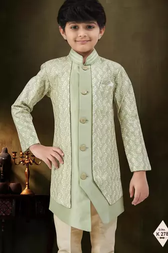 Green dupion silk embroidered indo western set for boys