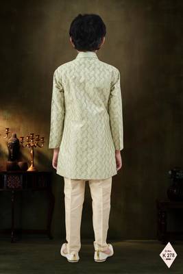 Green dupion silk embroidered indo western set for boys 3