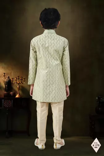 Green dupion silk embroidered indo western set for boys