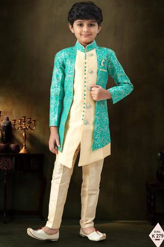 Green dupion silk embroidered indo western set for boys