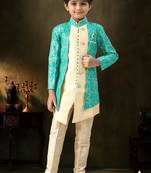 Green dupion silk embroidered indo western set for boys
