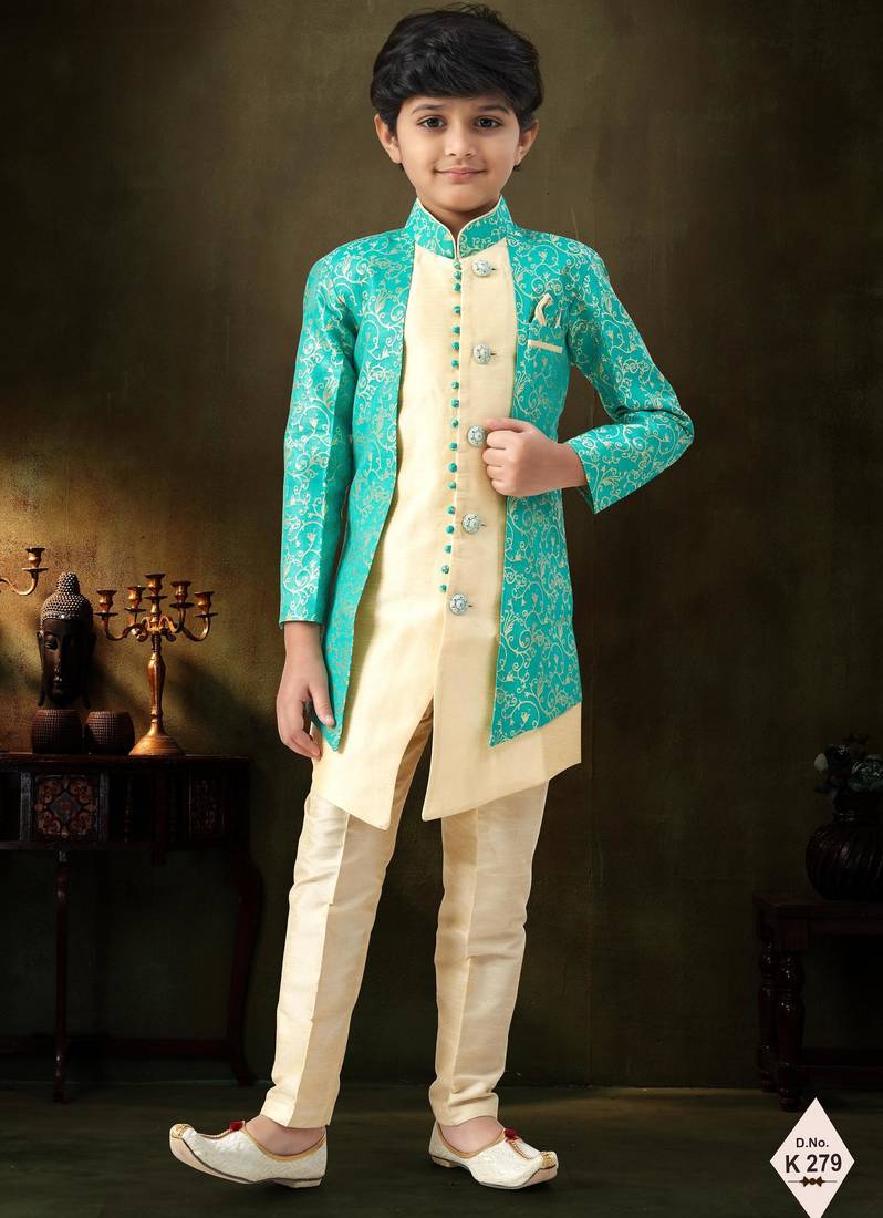 Green dupion silk embroidered indo western set for boys