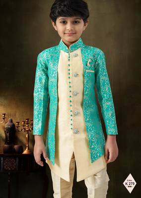 Green dupion silk embroidered indo western set for boys 2