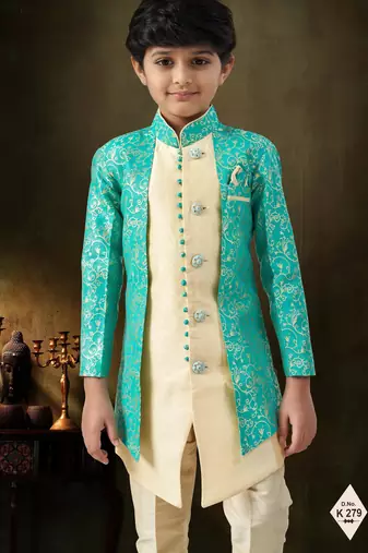 Green dupion silk embroidered indo western set for boys